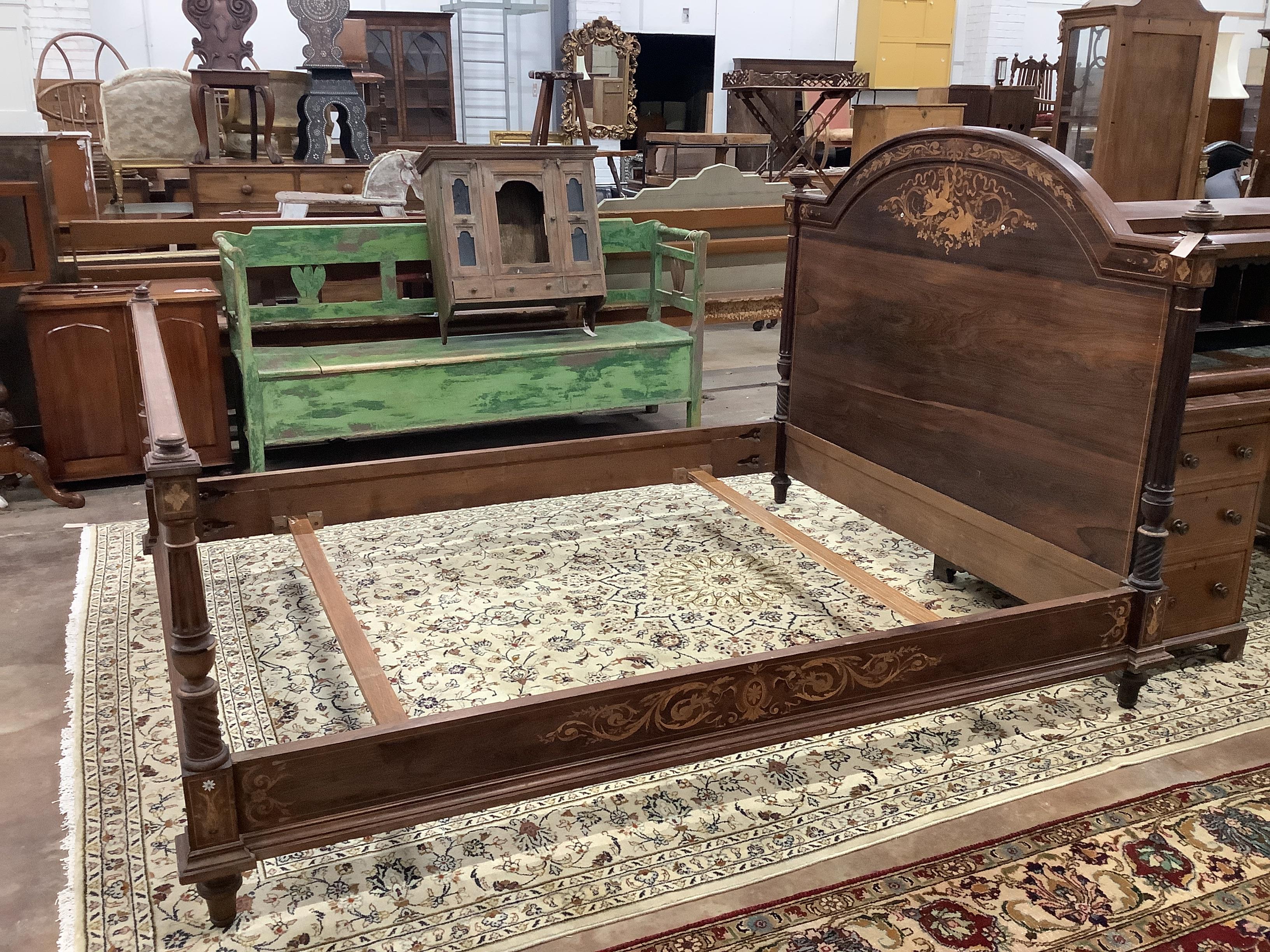 A late 19th century French marquetry inlaid rosewood bed frame, width 160cm, length 210cm, height 130cm
